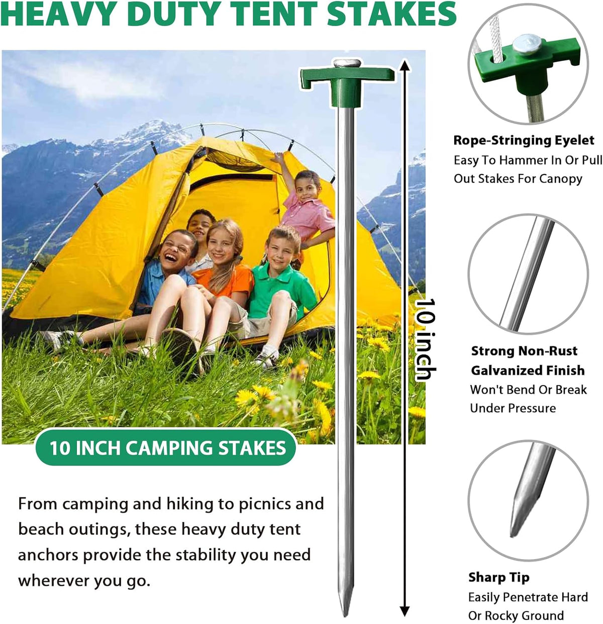Eurmax USA 20-Pack Secure Protection Galvanized Tent Stakes,Rust-Proof Steel Canopy Anchors for High Winds,Heavy Duty Commercial Ground Pegs for Camping,Pop Up Tents&Gazebos - Includes 4x10ft Ropes