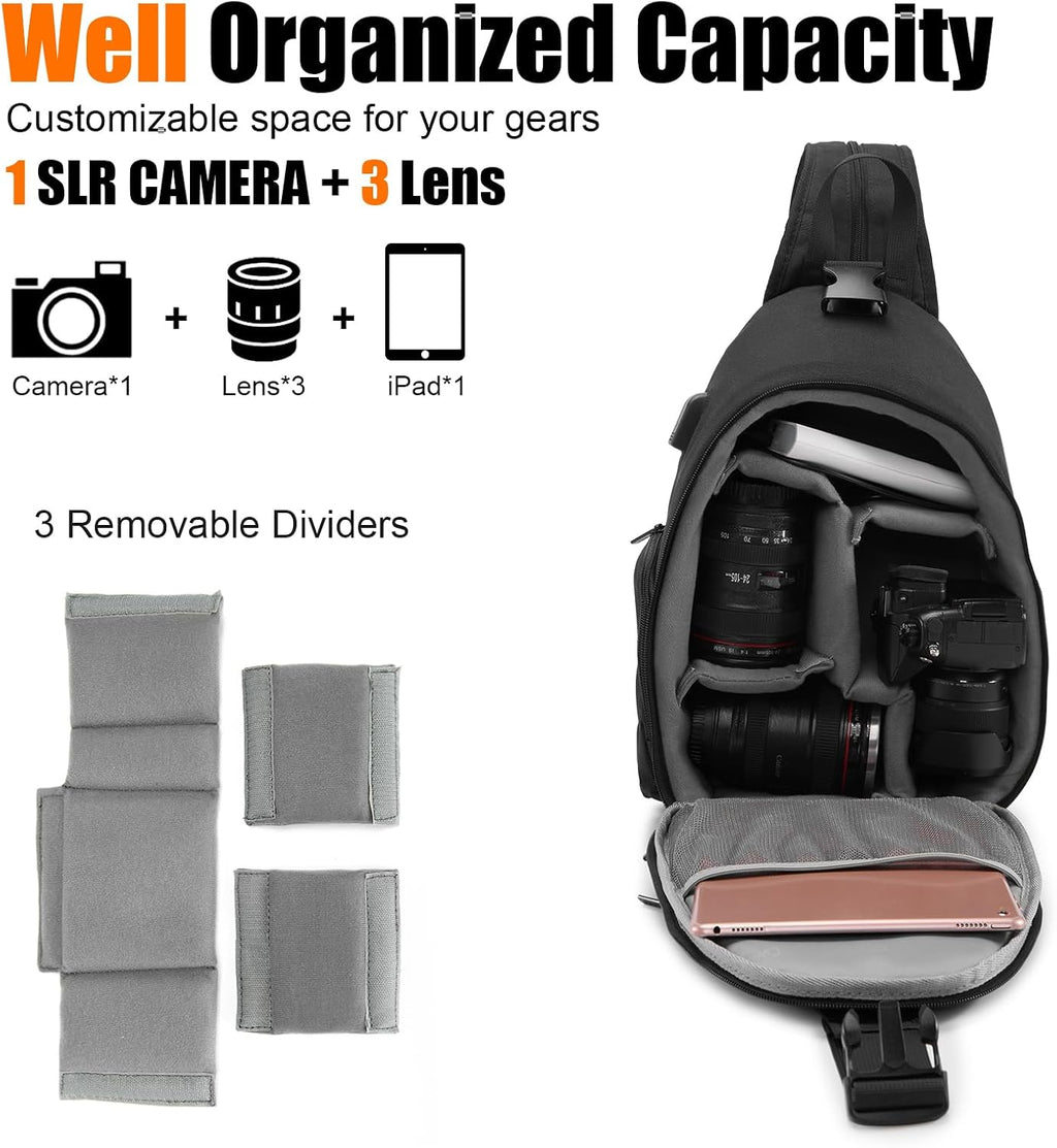 Cwatcun 2-in-1 Sling/Backpack, USB Camera Bag for DSLR/Mirrorless