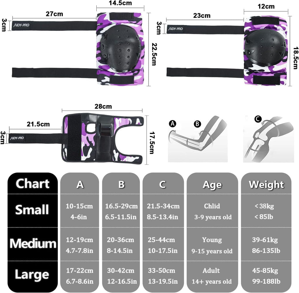 AIDY-PRO Adult/Youth/Kids Knee Pads and Elbow Pads Set Skateboard Protective Gear, 6 in 1 Knee Guards Kids Wrist Guards for Roller Skating Skateboarding Biking
