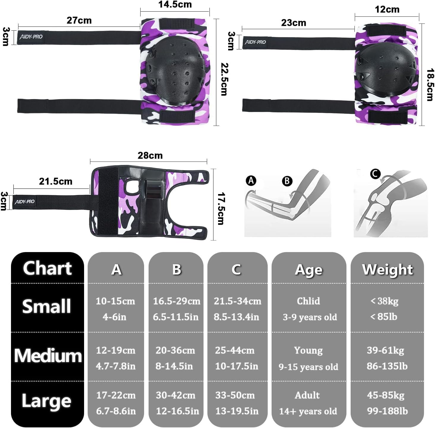 AIDY-PRO Adult/Youth/Kids Knee Pads and Elbow Pads Set Skateboard Protective Gear, 6 in 1 Knee Guards Kids Wrist Guards for Roller Skating Skateboarding Biking