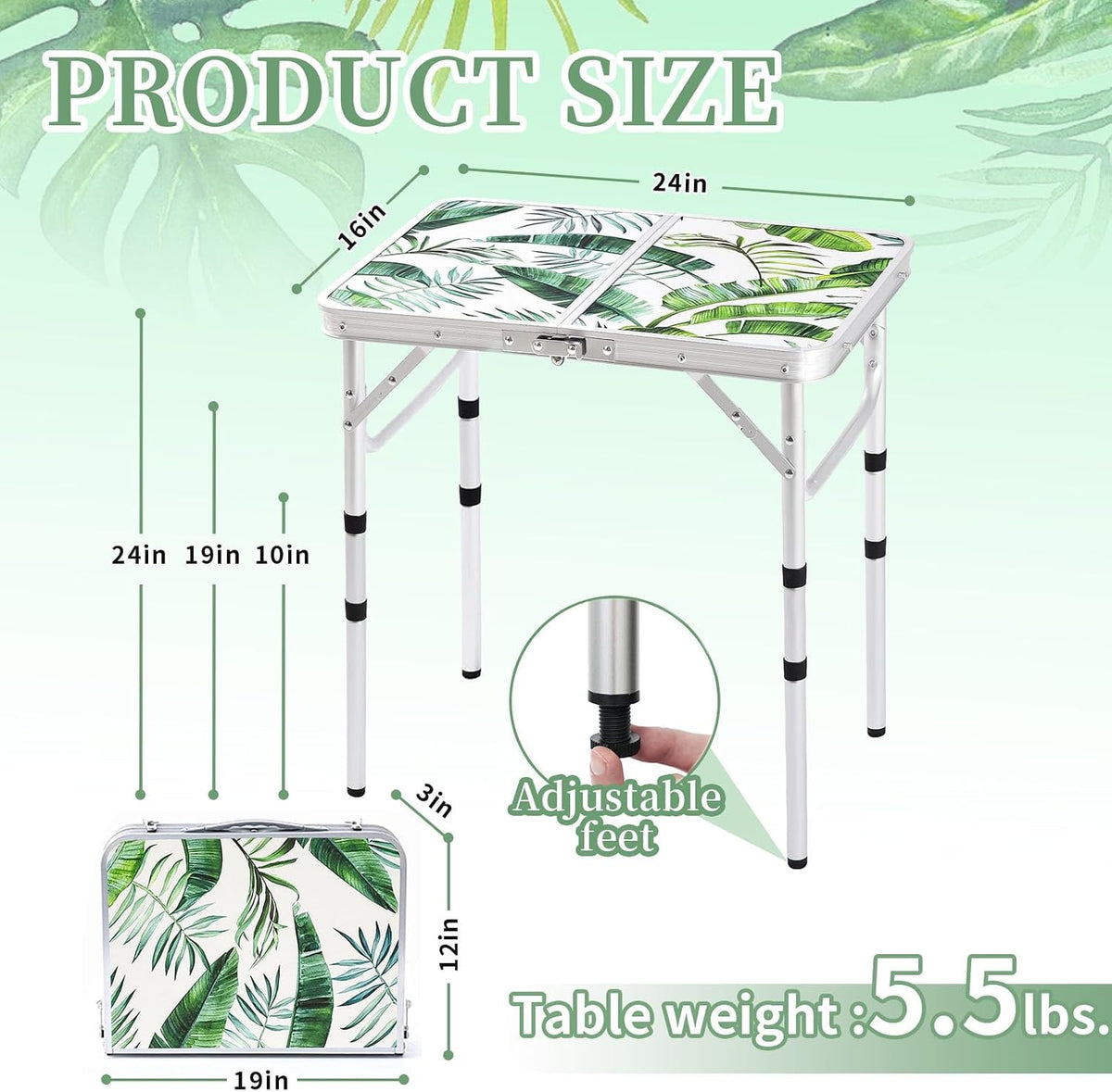 Folding Camping Table 2ft Portable Picnic Table, Monstera Palm Leaves
