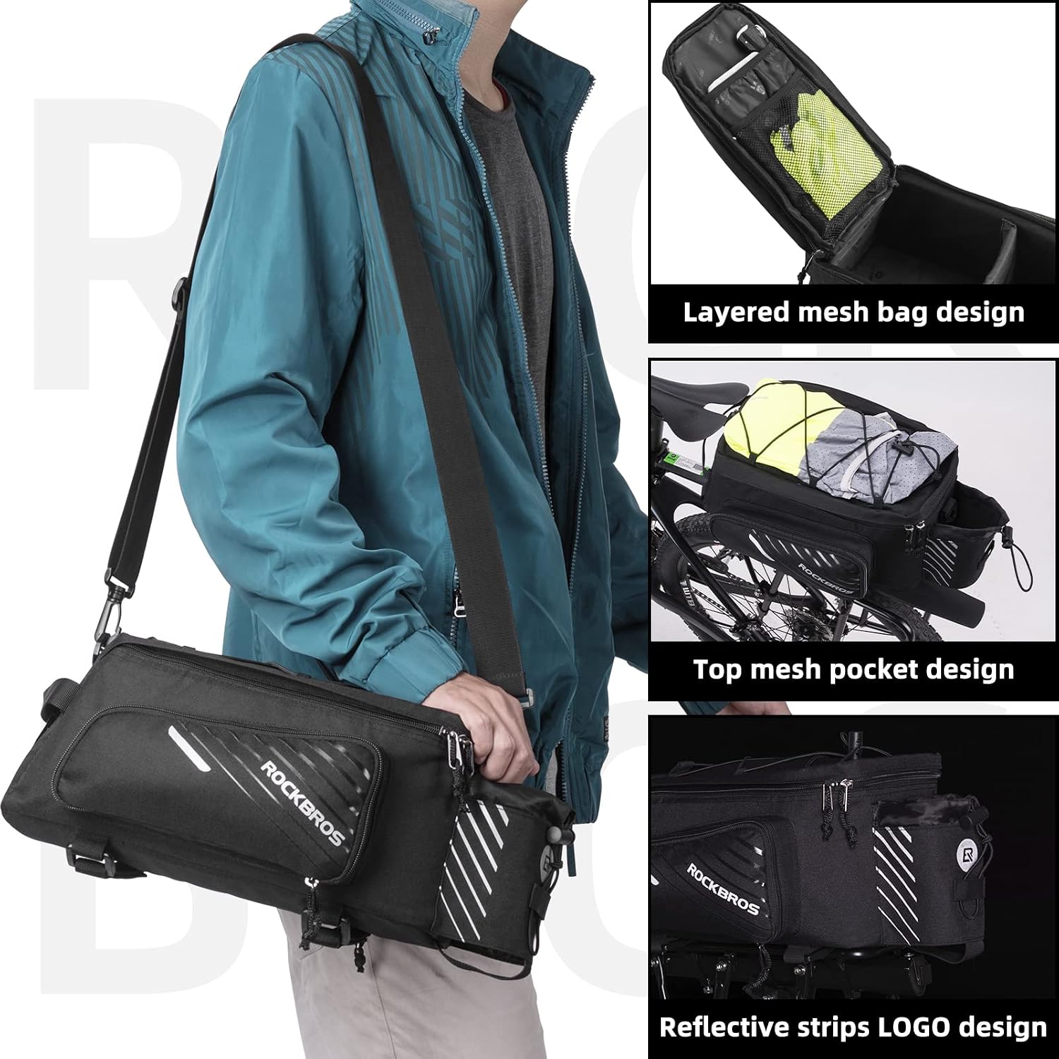 ROCKBROS 15L Bike Rear Rack Bag Pannier Trunk Bag with Rain Cover