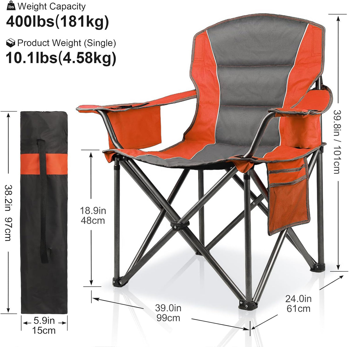 Oversized Padded Camping Chairs for Adults,Heavy Duty Support 400 Lbs,Folding Portable Lawn Chair w/Cup Holder,Cooler Bag,Side Pocket,Perfect for Outdoor Picnic,Hiking(Orange)
