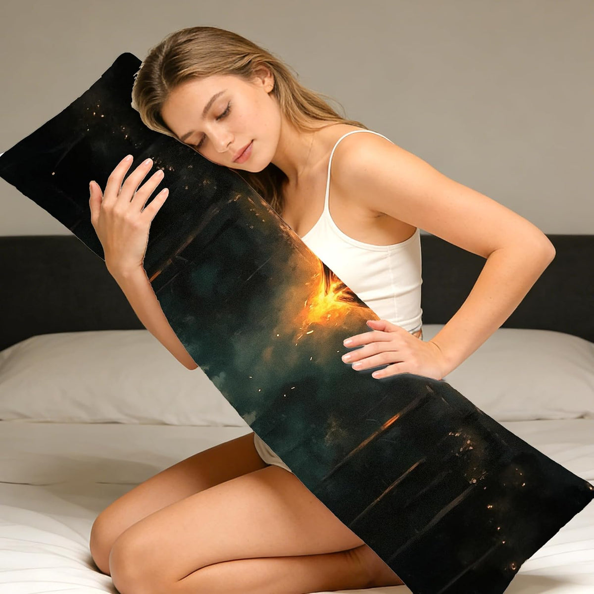 Dark Moody Forest Campfire Camping 20x54 Body Pillow Cover, Camping Decor for Camper, Rustic Pine Tree Night Bonfire Long Body Pillowcase with Zipper for Bed Couch