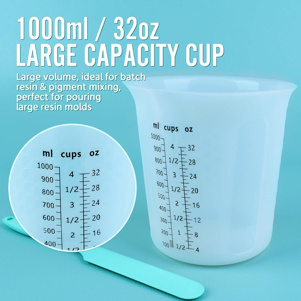 Silicone Resin Mixing 1L Measuring Cup Set for Resin Supplies, Easy-to-Read Marks, 1000ml/32oz Large Cup, 500&250&100ml Thickened Reusable Silicone Cups for Epoxy Mixing, Jewelry Making
