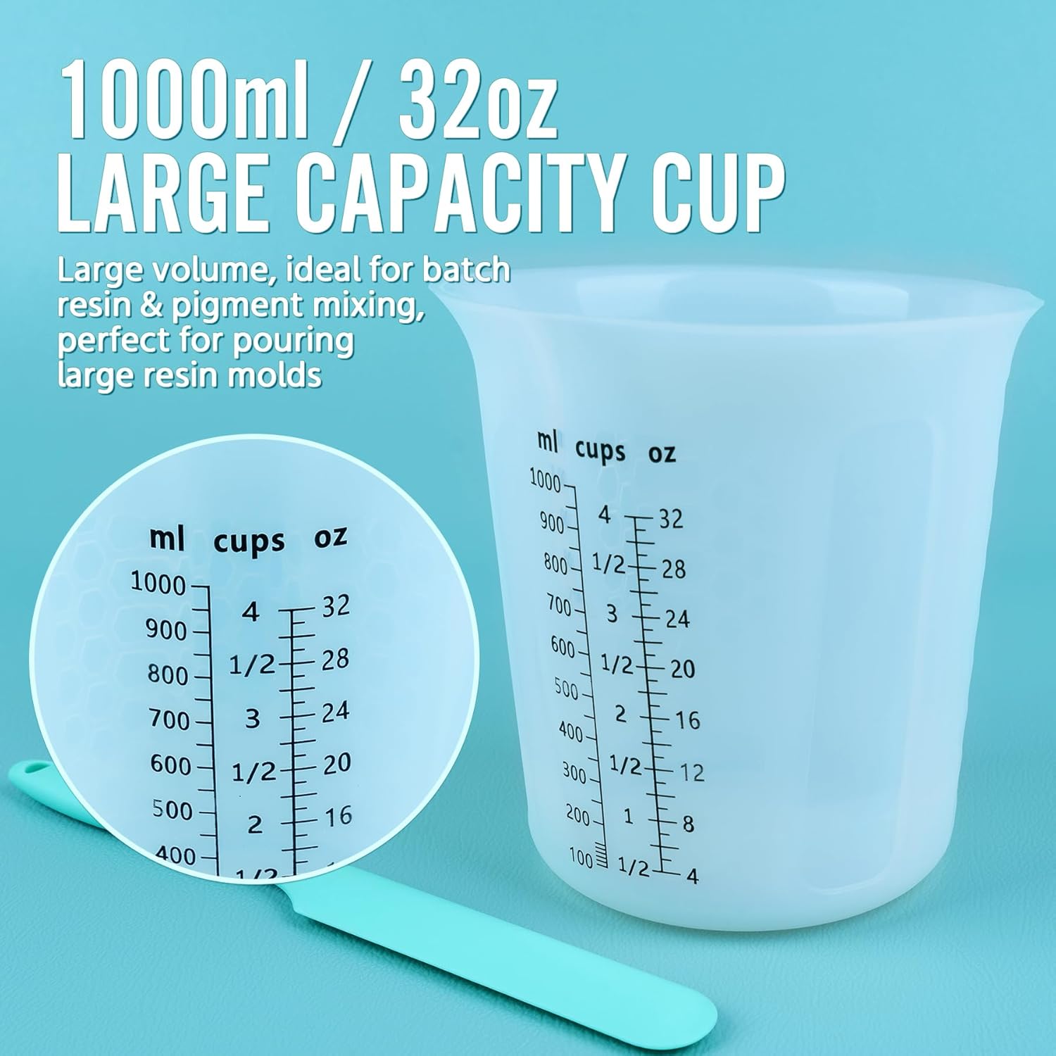 Silicone Resin Mixing 1L Measuring Cup Set for Resin Supplies, Easy-to-Read Marks, 1000ml/32oz Large Cup, Thickened Reusable Silicone Cups for Epoxy Mixing, Jewelry Making