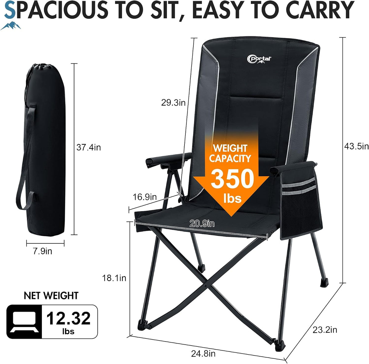 Portal Reclining Camping Chair High Back, 3-Position Hard Armrests, 350 lbs