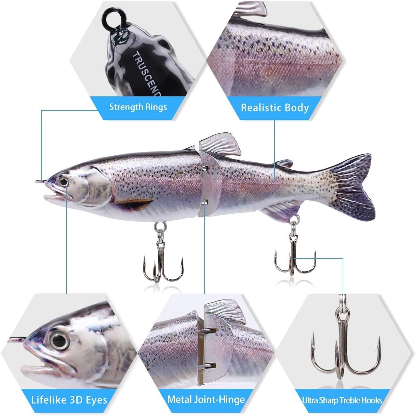 TRUSCEND Swimmax Easy Catch Fishing Lures with BKK Hooks, Wiggling, Vibrating, Rattling and Gurgling for More Bite, Heavy-Duty Dyneema Fiber Jointed Swimbaits for Bass, Trout, Walleye, Crappie, Pike
