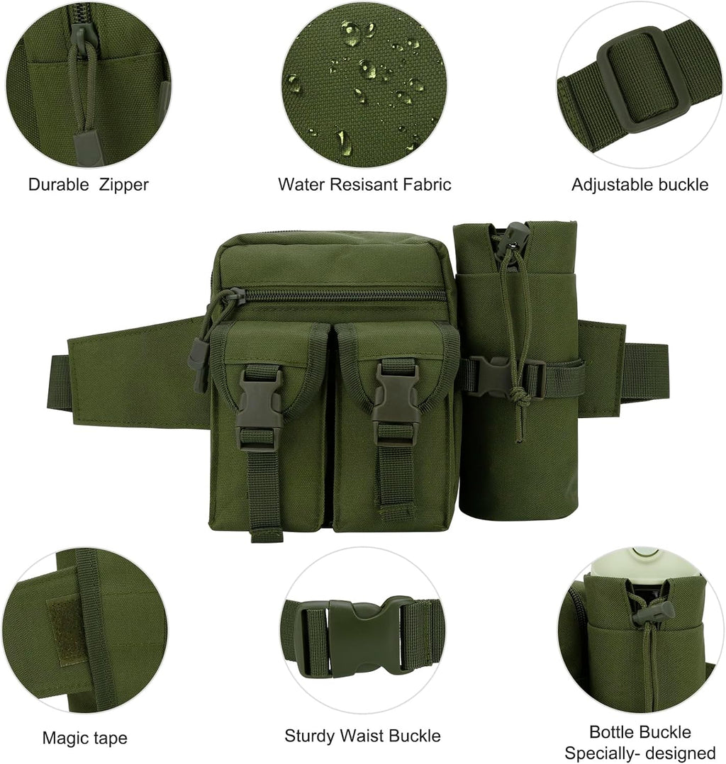 DOB SECHS Hiking Waist Bag with Detachable Water Bottle Holder and Adjustable Waist Belt Oxford Fanny Pack for Men Women Causal Belt Bag for Travel Outdoor Fishing Running Hiking Hunting,Green