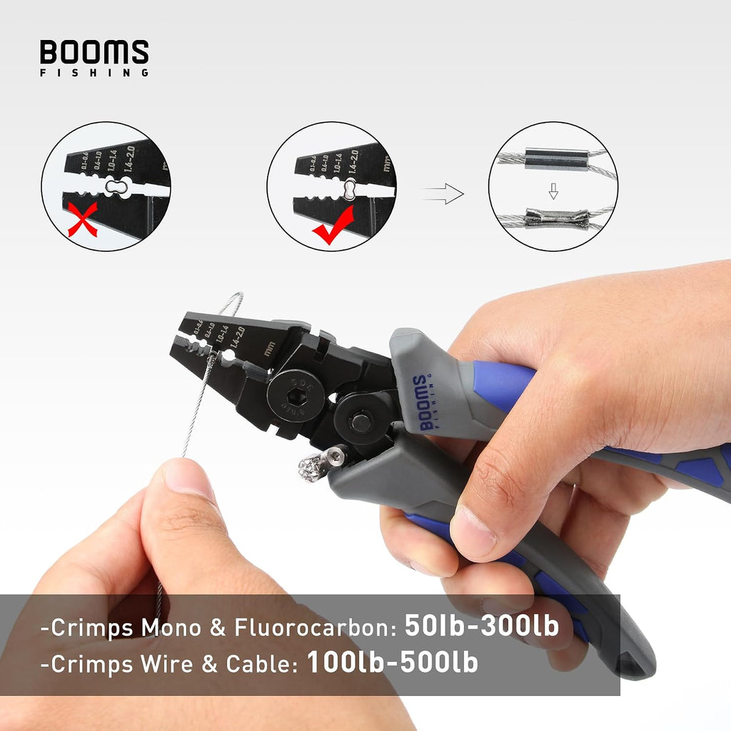 Booms Fishing CP4 Wire Crimping Tool with Cutter, Effort-Saving Fishing Crimping Pliers, High Carbon Steel Fishing Plier Wire Rope Leader Crimper Tool, 7 inch Crimpers Swager with Ergonomic Handle