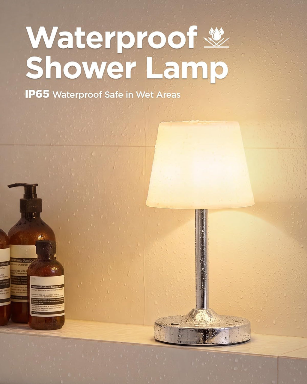 IP65 Waterproof Rechargeable Shower Lamp, Cordless Bathroom Touch Lamps