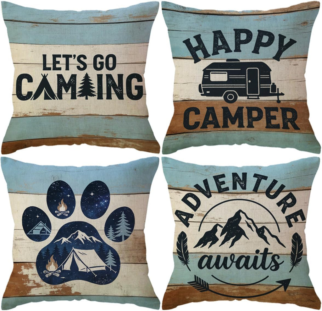 ULOVE LOVE YOURSELF Camping Throw Pillow Covers 4Pack Adventure Awaits Decorative Pillowcases Happy Campers Cushion Covers 18 X 18 Inch for Camper, Cabin Home Decor(Blue/Brown)