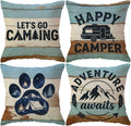 ULOVE LOVE YOURSELF Camping Throw Pillow Covers 4Pack Adventure Awaits Decorative Pillowcases Happy Campers Cushion Covers 18 X 18 Inch for Camper, Cabin Home Decor(Blue/Brown)