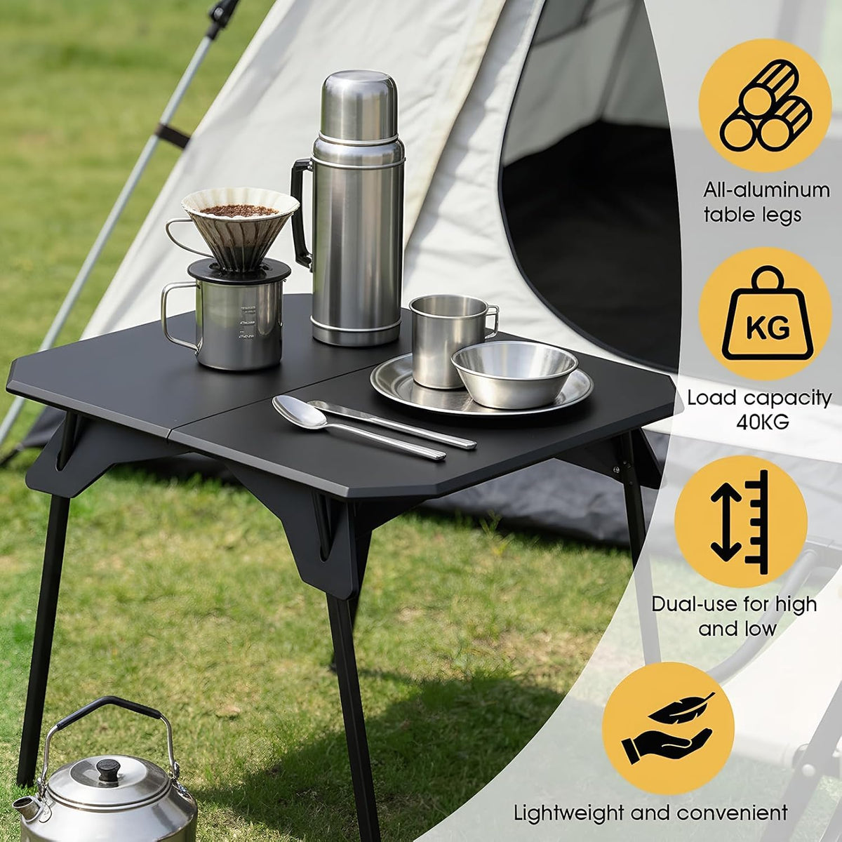 ele ELEOPTION Portable Small Folding Camping Table Aluminum Legs Black