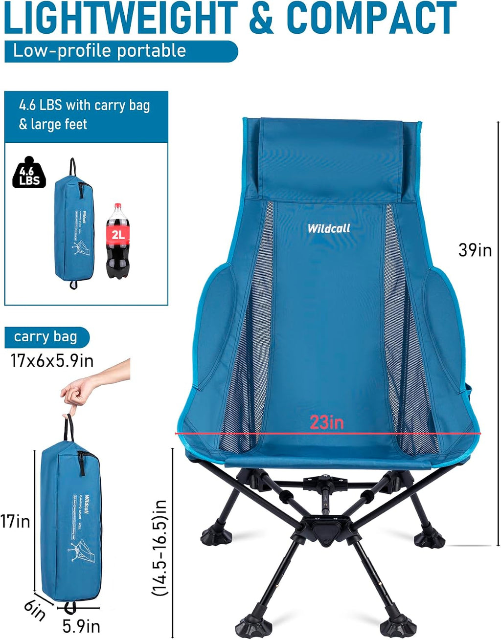 WildCall Lightweight Folding Camping Chair Anti-Sinking Chair, High Back