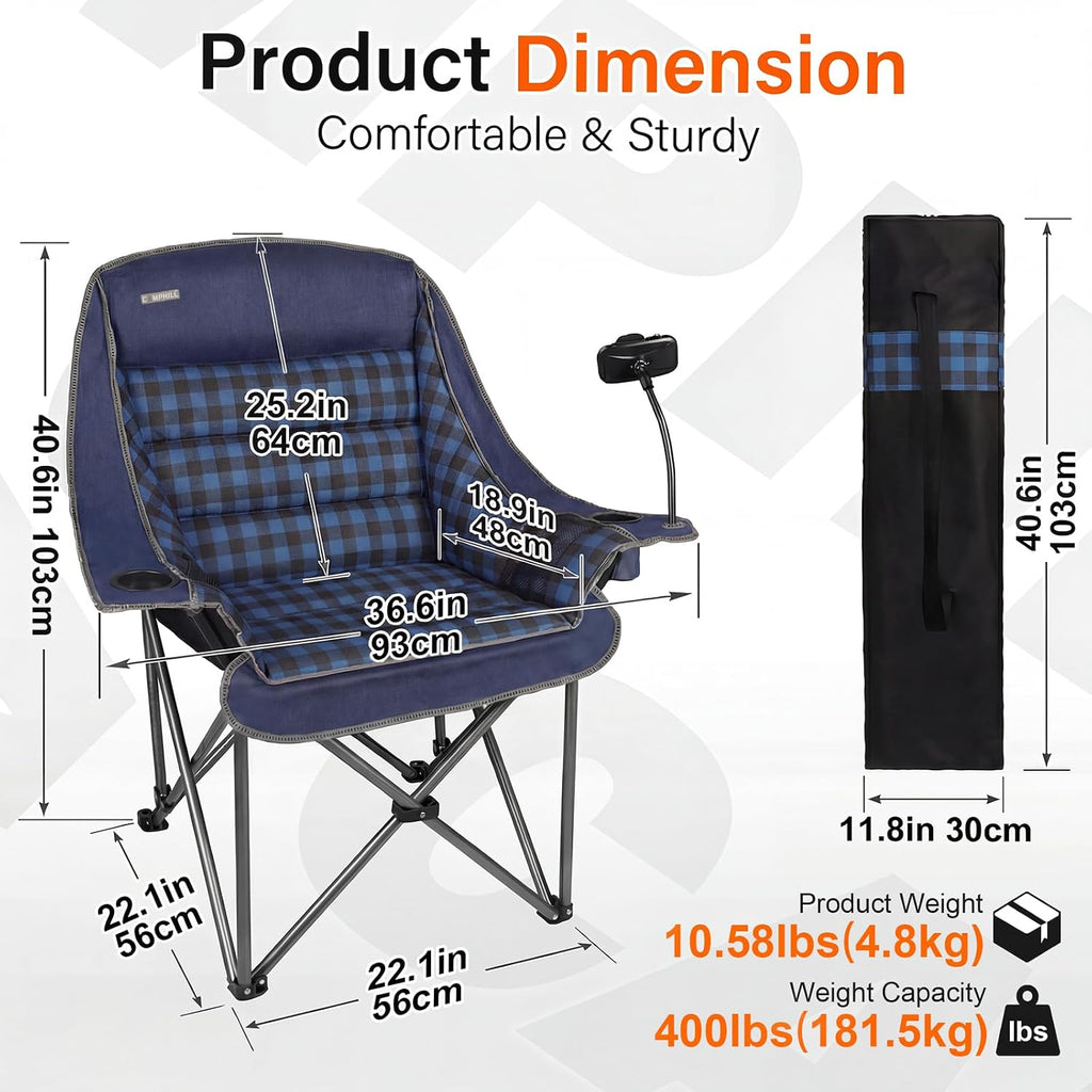 Oversized Camping Chairs for Adults- Heavy Duty Extra Large Lawn Chair,Folding Comfy Padded Camp Chair for Outdoor Sports Garden Beach,Wide&Thick,Blue Plaid
