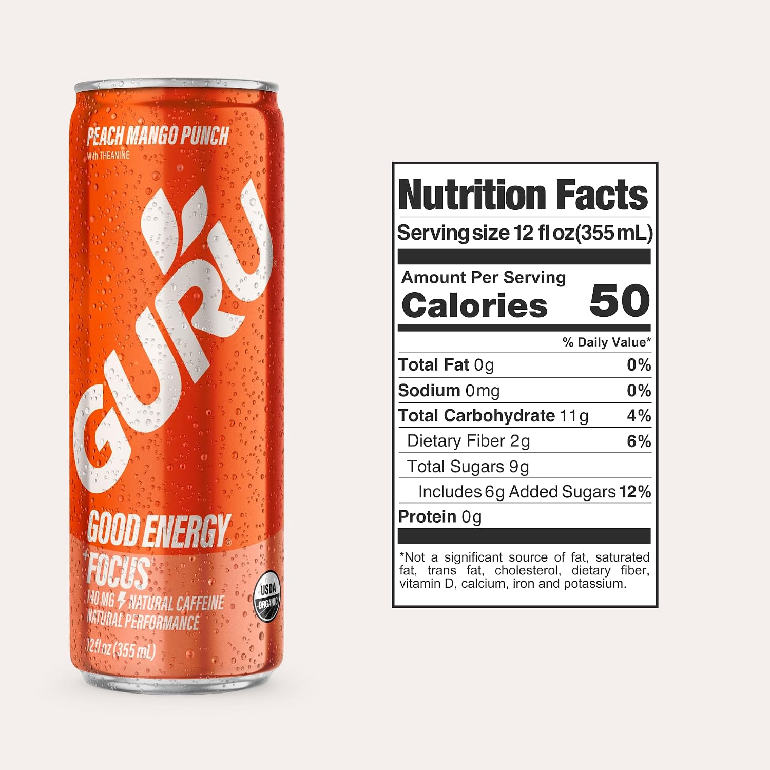 GURU Organic Energy Drink, Peach Mango Punch, 12 Fl Oz, 24 Pack