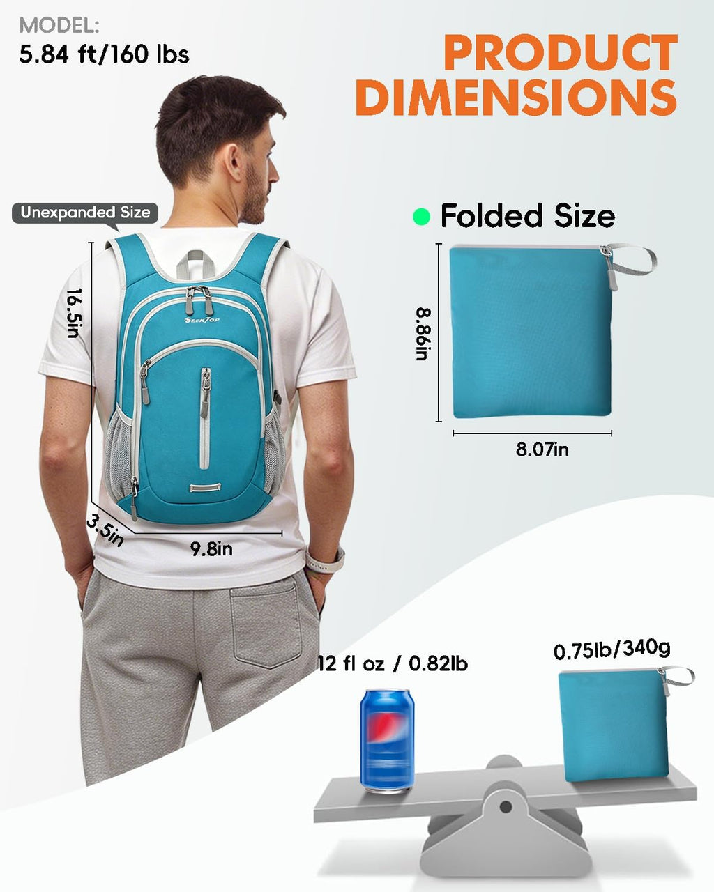 Seektop Small Hiking Backpack Expandable 12L-16L
