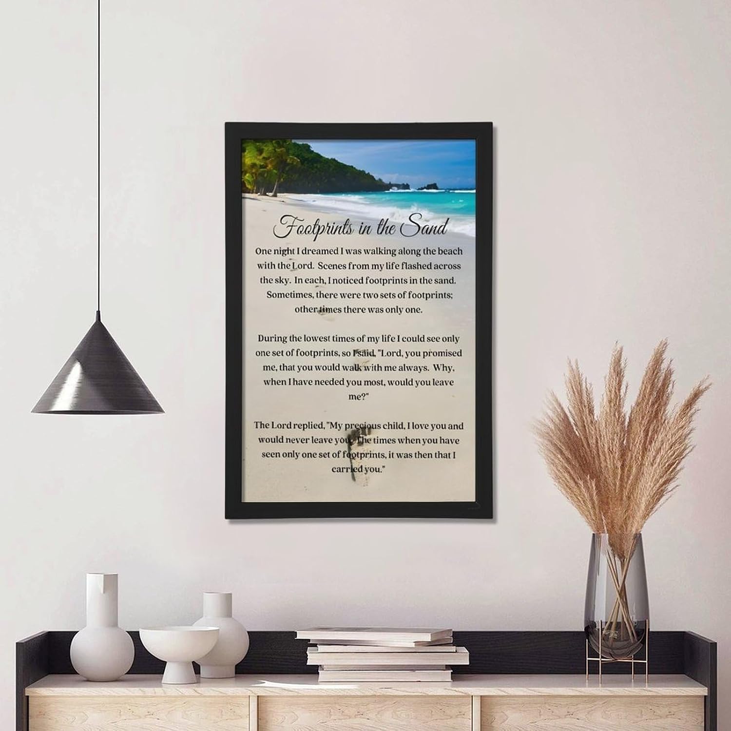 Footprints in the Sand Religious Canvas Wall Art Posters, Inspirational Beach Sunset Poem Print Poster (Black Framed 12x18inch, Footprints(4))