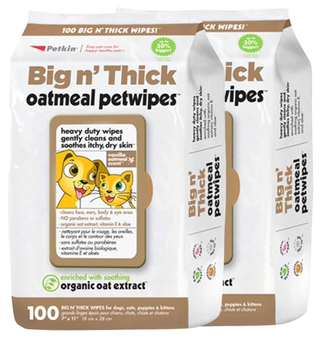 Petkin Pet Wipes for Dogs and Cats, Oatmeal, 100 Wipes (Large) for Dogs and Cats - Soothes Itchy Dry Skin and Cleans Ears, Face, Butt, Body and Eye Area - Idea for Home and Travel