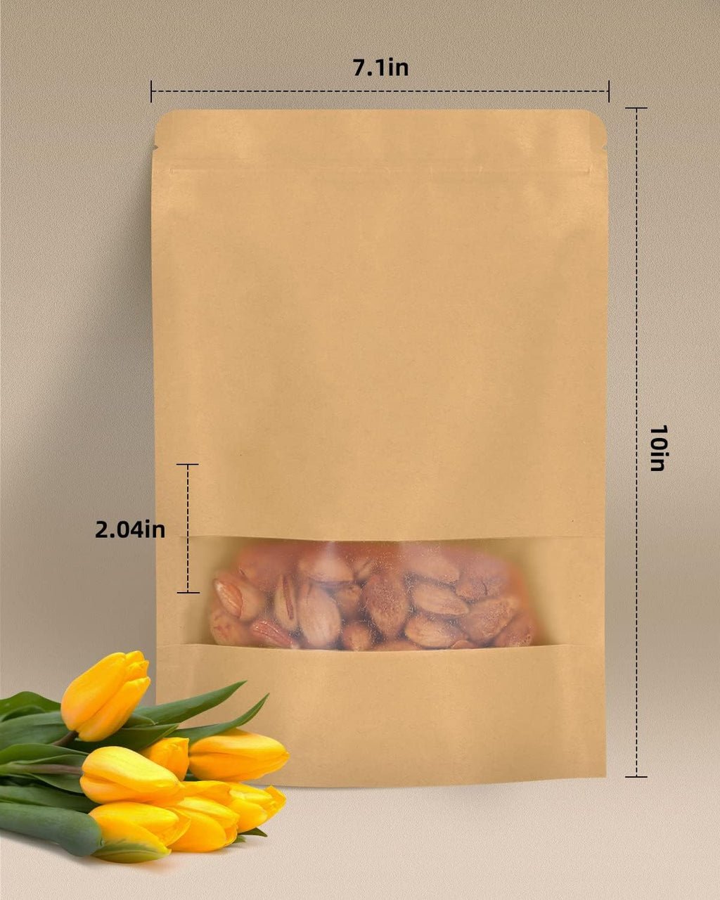 50pcs Kraft Bags with Window 7.1x10 Inches Brown Reusable Sealable Zip Lock Food Storage Stand up Paper Pouches for Home or Business