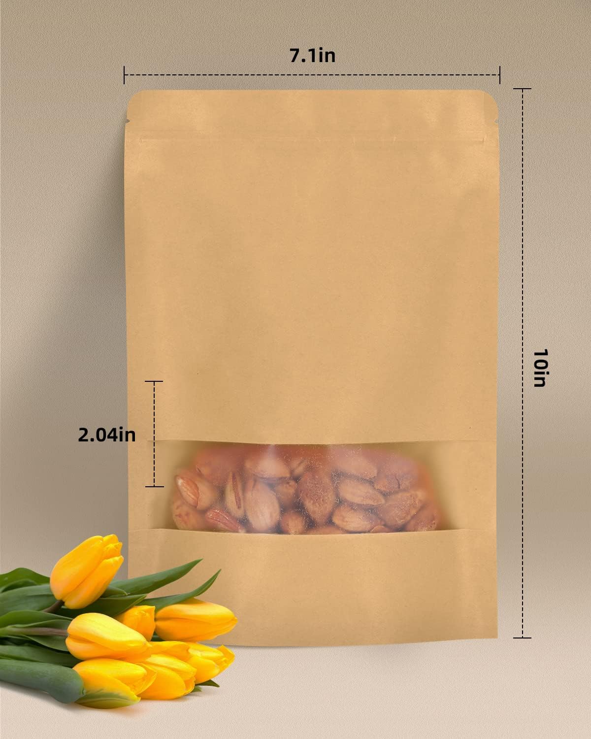 50pcs Kraft Bags with Window 7.1x10 Inches Brown Reusable Sealable Zip Lock Food Storage Stand up Paper Pouches for Home or Business