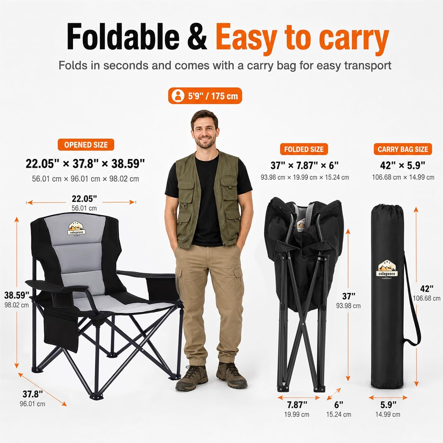 Colegence Oversized Heavy Duty Camping Chairs, 2 Pack, 450 lb, Black