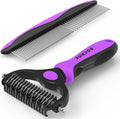 Docrok Pet Grooming Brush and Metal Comb Combo - Undercoat Rake for Dematting and Deshedding Long Matted Haired Dogs and Cats, Purple