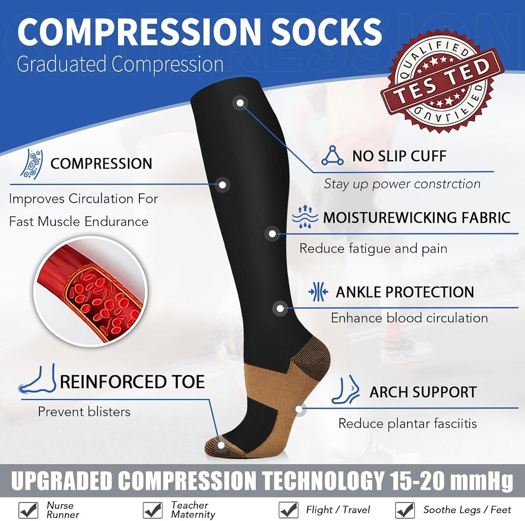Sooverki Copper Compression Socks for Men & Women 8 Pack 15-20mmHg - Knee High Stockings Best Support for Running Athletic