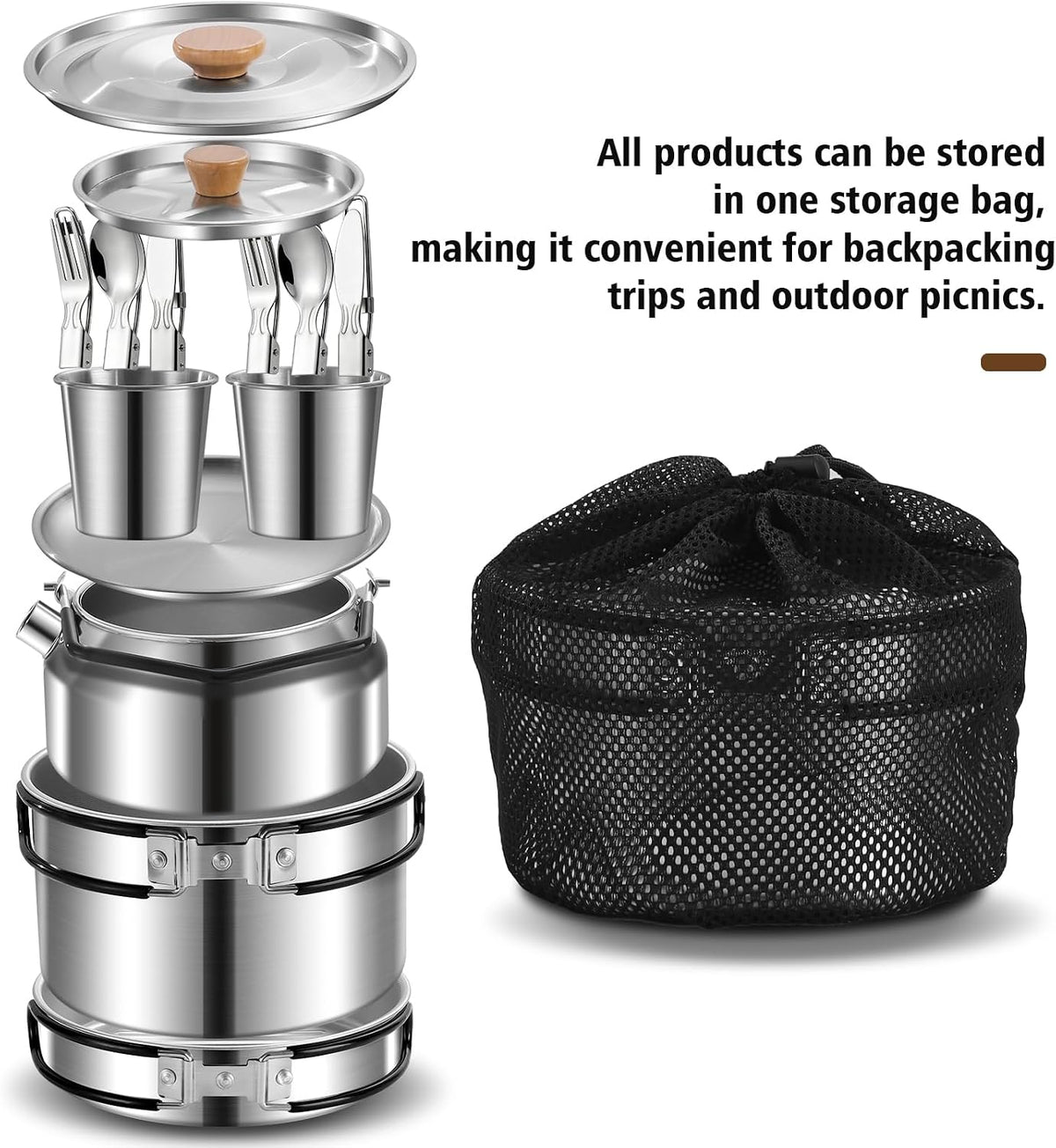 12pcs Outdoor Camping Cookware Kit, Lightweight Stainless Steel Kettle, Non-Stick Pot and pan, with Fork Spoon Kits Suitable for picnics and Backpacking Trips
