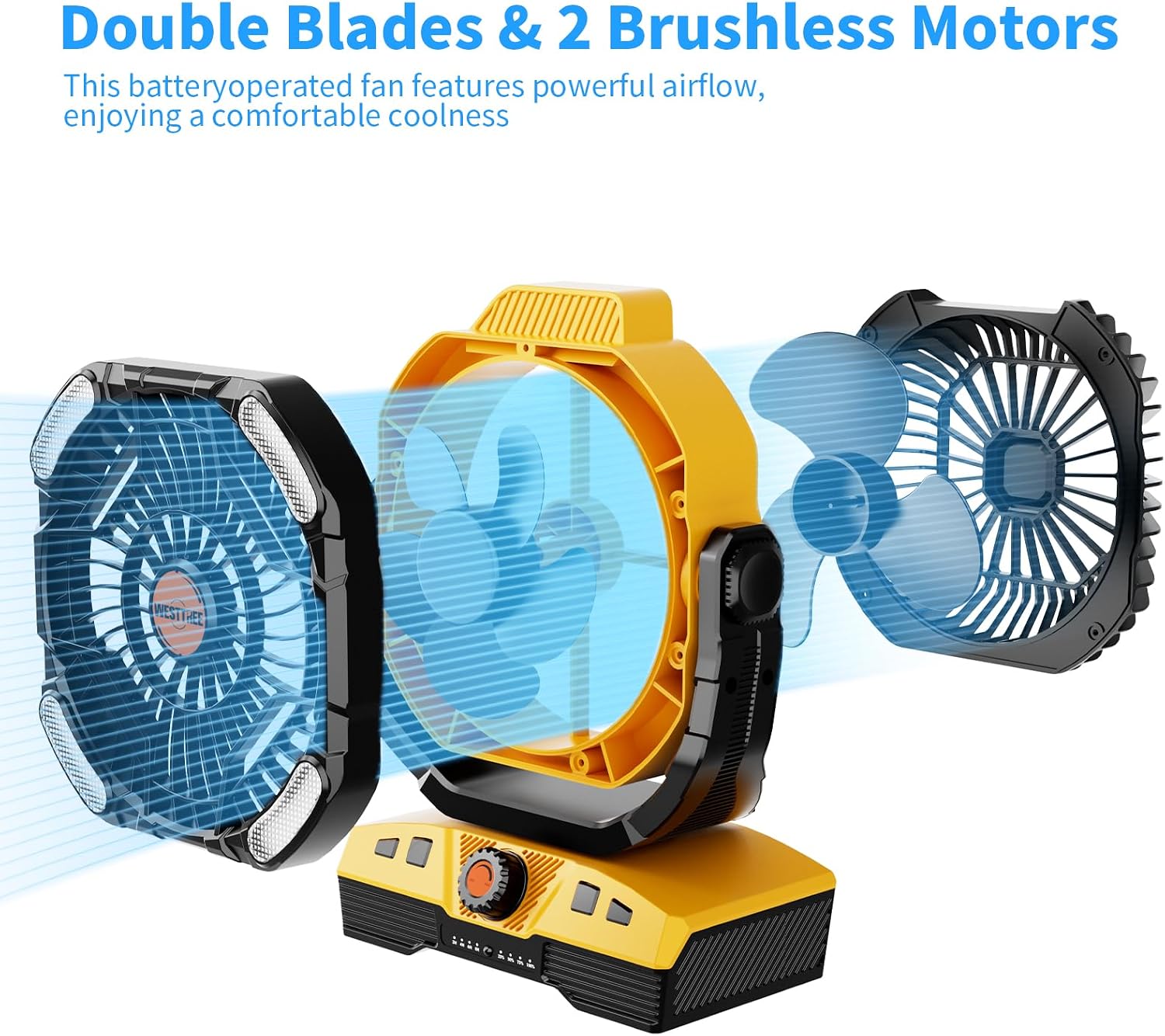 WESTTREE Camping Fan 20000mAh Rechargeable Battery Operated fan Outdoor Tent Fan with Light & Hook 270° Pivot, knob Speeds, Personal fan USB Desk Fan for Camping Power Outage Yellow X68