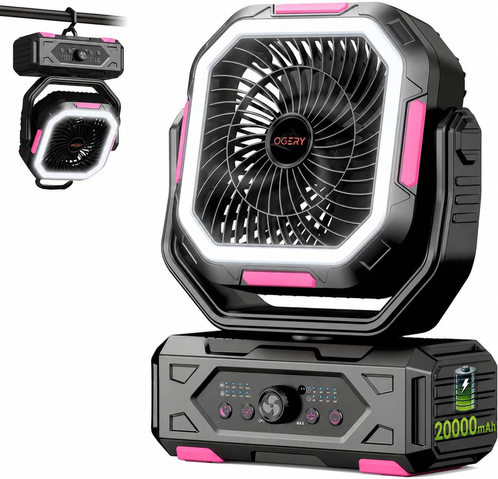 OGERY Camping Fan, Portable Fan Rechargeable with 20000mAh Battery, Stepless Speed Control, Fast Charging, Remote & LED Lantern for Tent, Travel, Car Camping, Camping Essentials