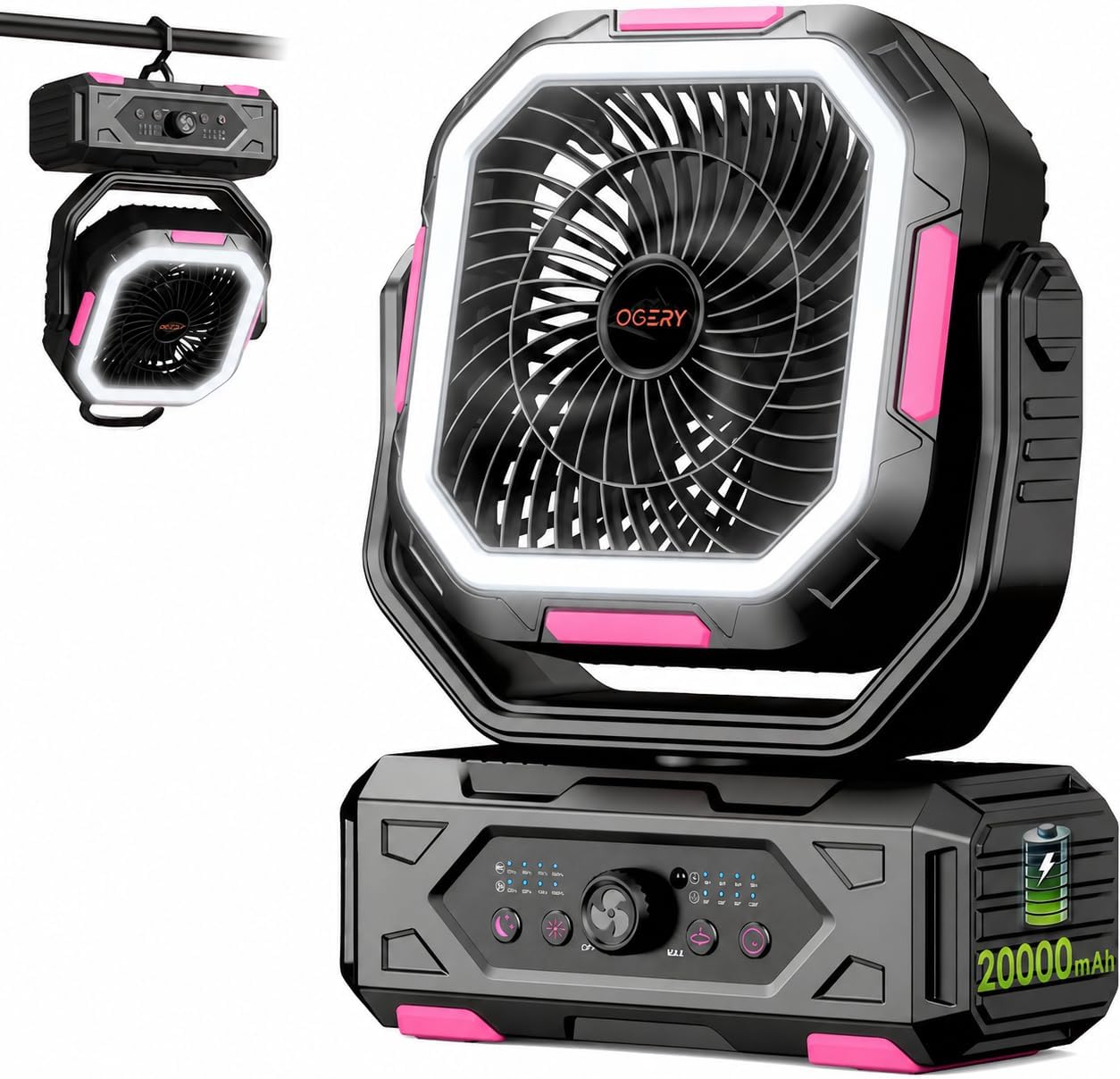 OGERY Camping Fan, Portable Fan Rechargeable with 20000mAh Battery, Stepless Speed Control, Fast Charging, Remote & LED Lantern for Tent, Travel, Car Camping, Camping Essentials