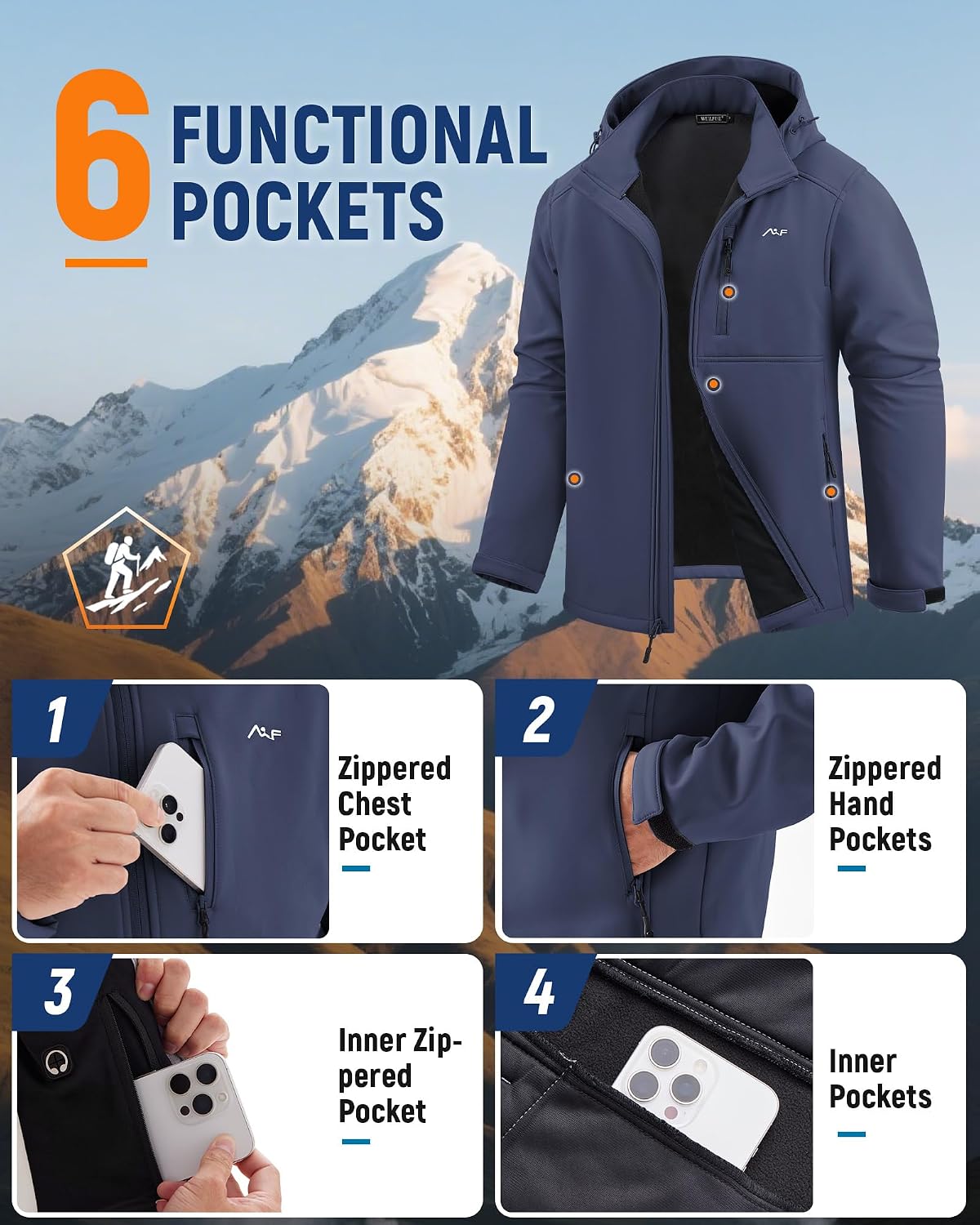 WULFUL Men's Softshell Jacket Waterproof Lightweight Insulated Windbreaker Fleece Lined Rain Shell Jacket for Hiking Travel