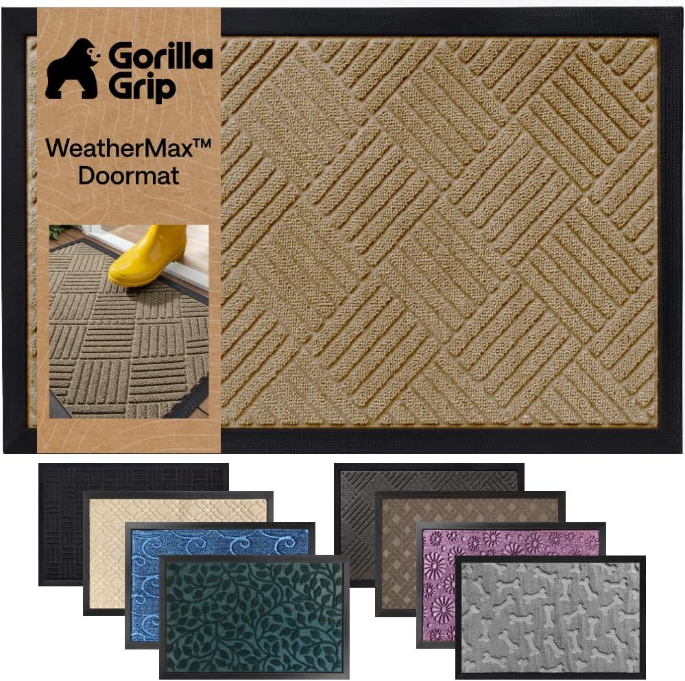 GORILLA GRIP WeatherMAX Door Mat, Indoor Outdoor Use, 29x17, Beige Diamond