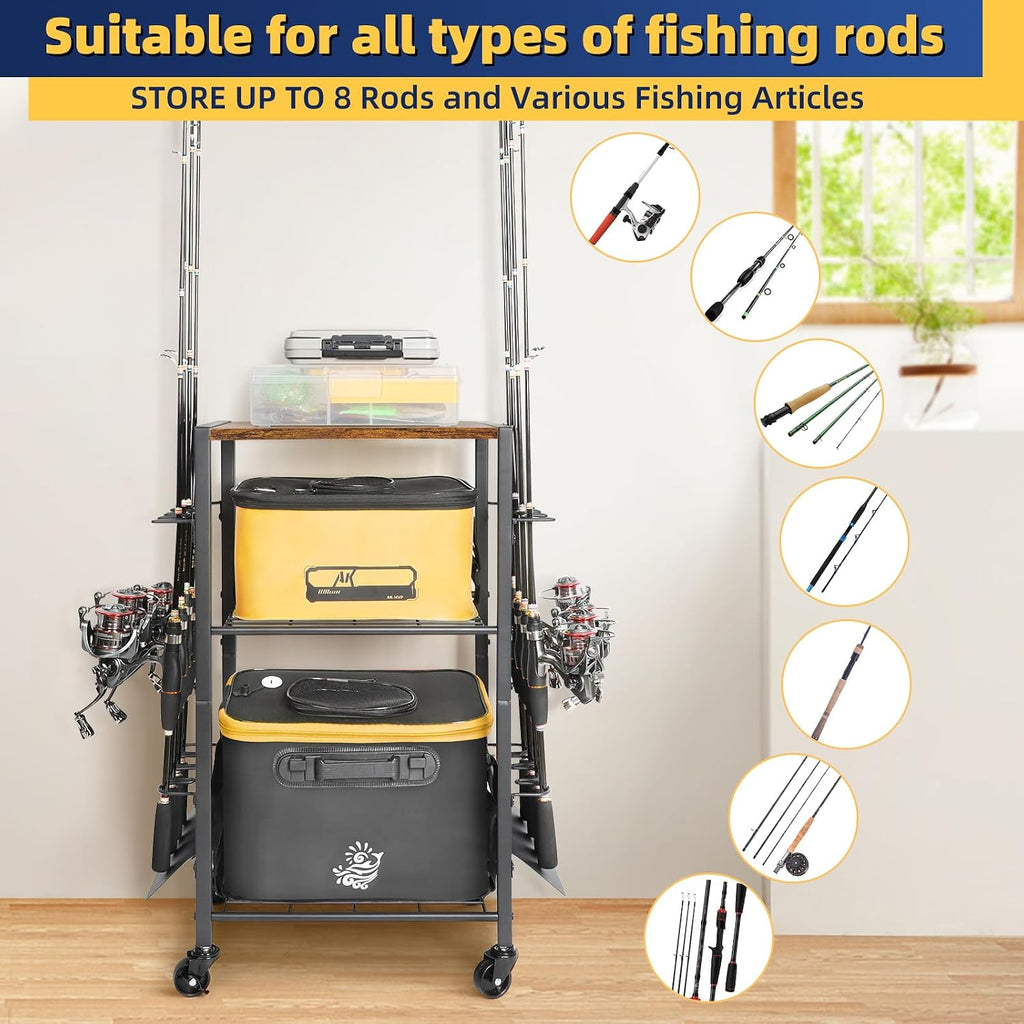 Olakee Fishing Rod Holders, Rolling Fishing Rod Rack for Garage & Boat, Tackle Box & Reel Holder Cart, Easy Assembly Fishing Gear Management System, Ideal Birthday Gift for Men Dad Anglers