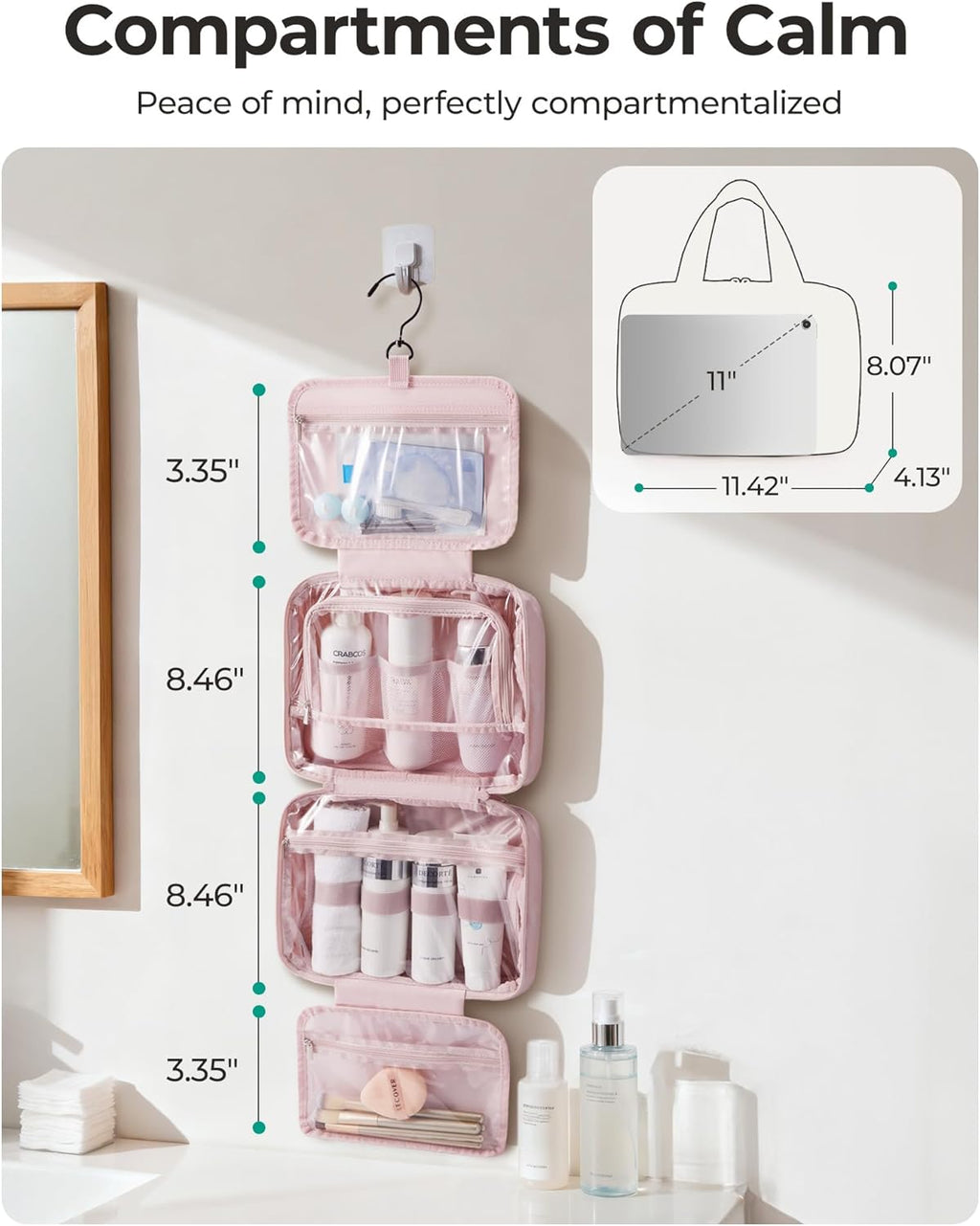 BAGSMART Travel Toiletry Bag for women, Portable Hanging Hook Makeup Bag Organizer, Waterproof Makeup Cosmetic Bag, for Full-Size Accessories, Toiletries,Charcoal Grey