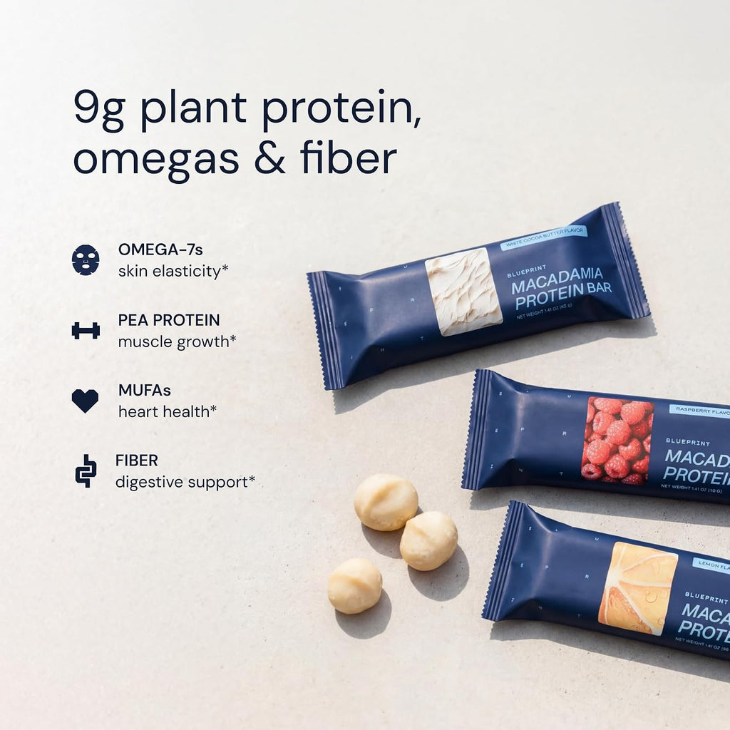 Blueprint Bryan Johnson Macadamia Nut Protein Bars – Variety Pack Protein Bars - Lemon, White Cocoa & Raspberry – Vegan, Low Sugar, Keto-Friendly Snacks – Non-GMO, Raw Nut Bar– 9g Protein – 12 Pack