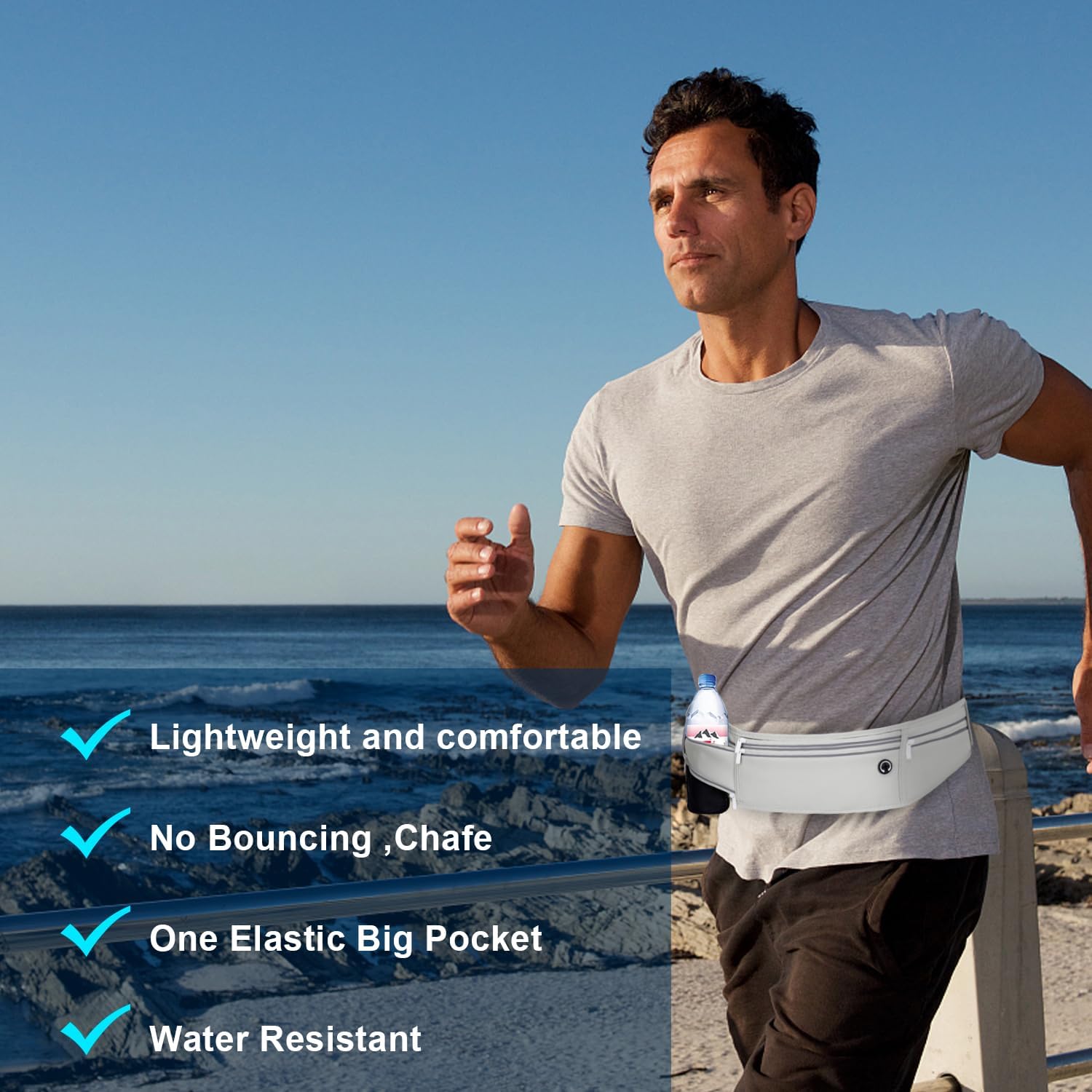 Slim Running Belt for Women Men,Runners Fanny Pack Phone Holder,Money Belt,Running Gear Accessories,with 3 Pockets (Gray)