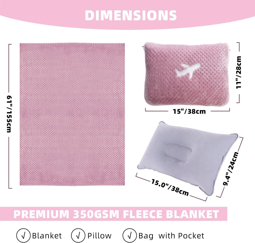 3 in 1 Travel Blanket Pillow Set - 350 GSM Thick Travel Blanket Airplane Compact with Bag, Soft Bag with a Pocket, Inflatable Travel Pillow for Camping & Car Trip (Blush Pink)