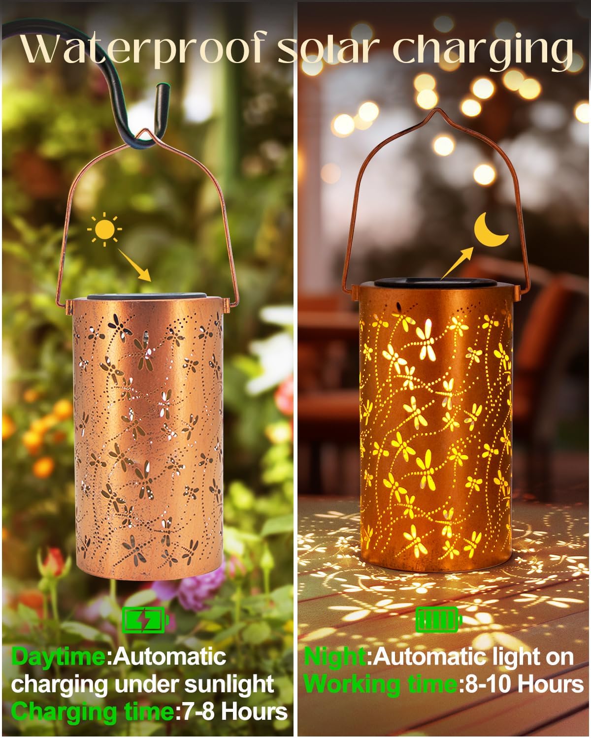 DIBIEECN Birthday Gifts for Women Mom Grandma Wife, Solar Lanterns Outdoor Waterproof, Metal Hanging Lights Garden Decor, LED Decorative Lantern for Patio Porch Backyard, Dragonfly, 2Pack
