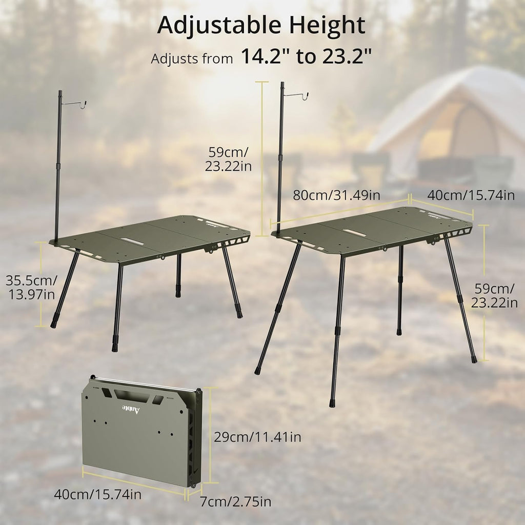 Anbte Tactical Folding Camping Table, 14-23.2 in Adjustable Legs, Aluminum