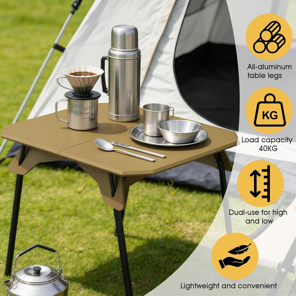 ele ELEOPTION Portable Small Folding Camping Table Aluminum Legs Khaki