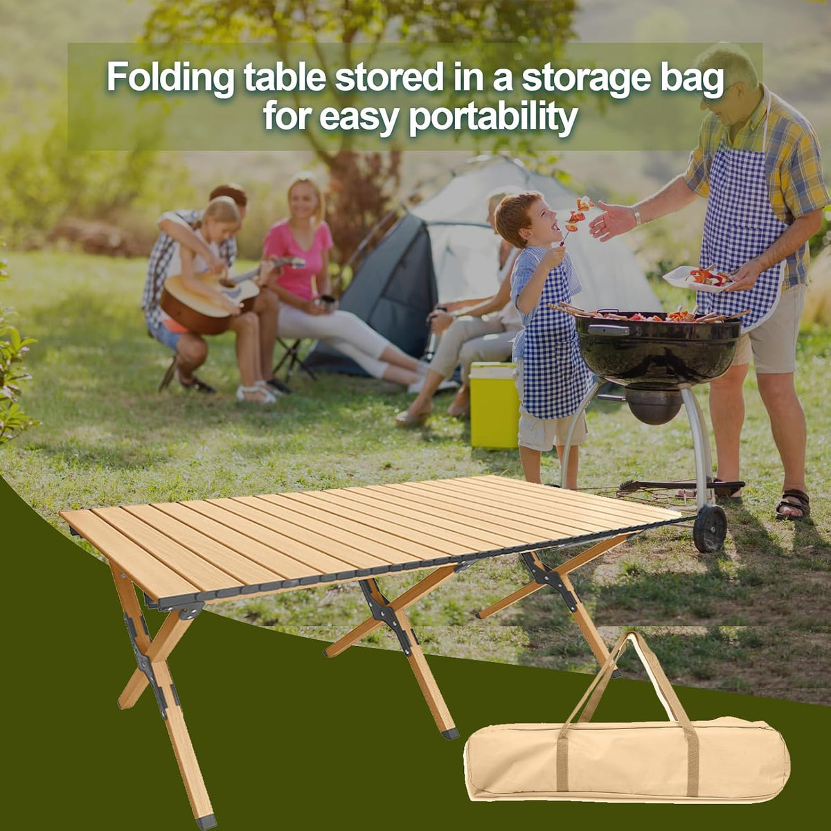 Folding Camping Table, Roll-Up Folding Table with Carry Bag, Portable Aluminum Picnic Table, Low Height Beach Table for Outdoor Use, Travel, BBQ & Hiking, Easy Assembly (Natural)
