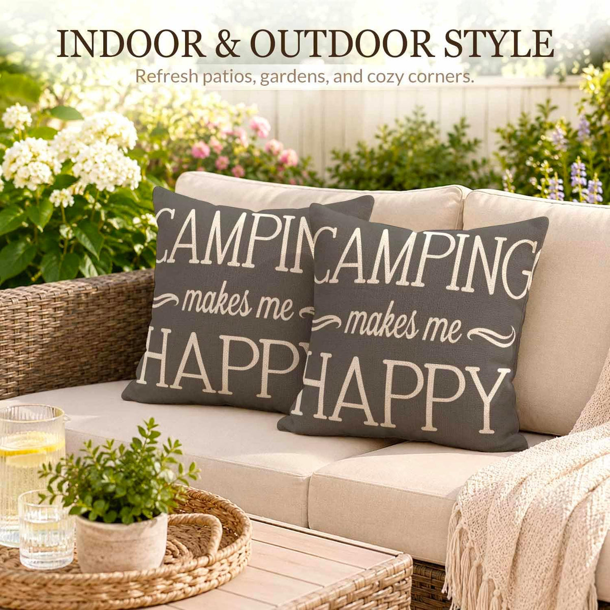 Camping Makes Me Happy Pillowcases Set of 2 18x18 Gray Background Throw Pillow Covers Pillow Cushion Case Polyester Linen for Sofa Couch Bedroom Living Room Car