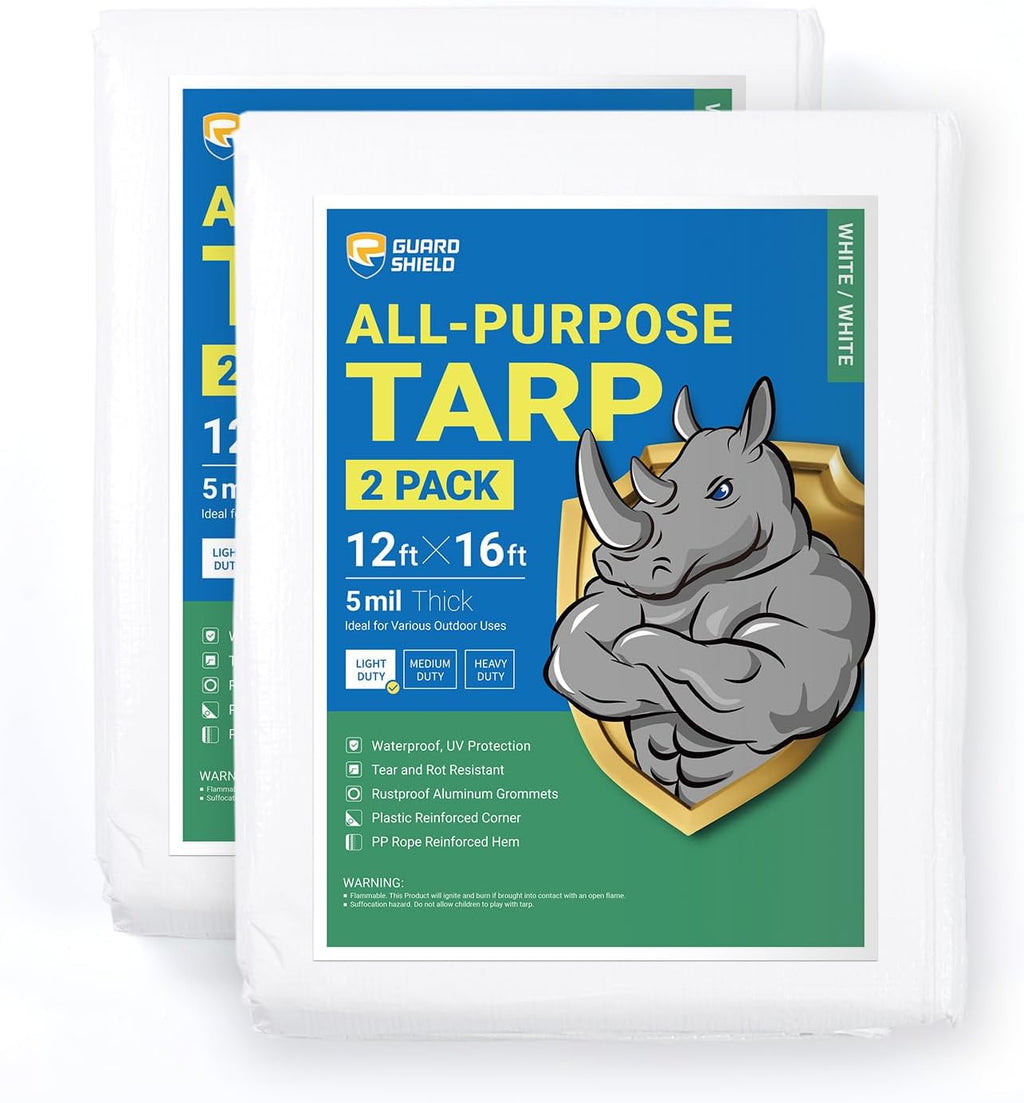 GUARD SHIELD Tarp White 12x16 Feet Multi Purpose Waterproof Poly Tarp Cover 5mil (2-Pack)