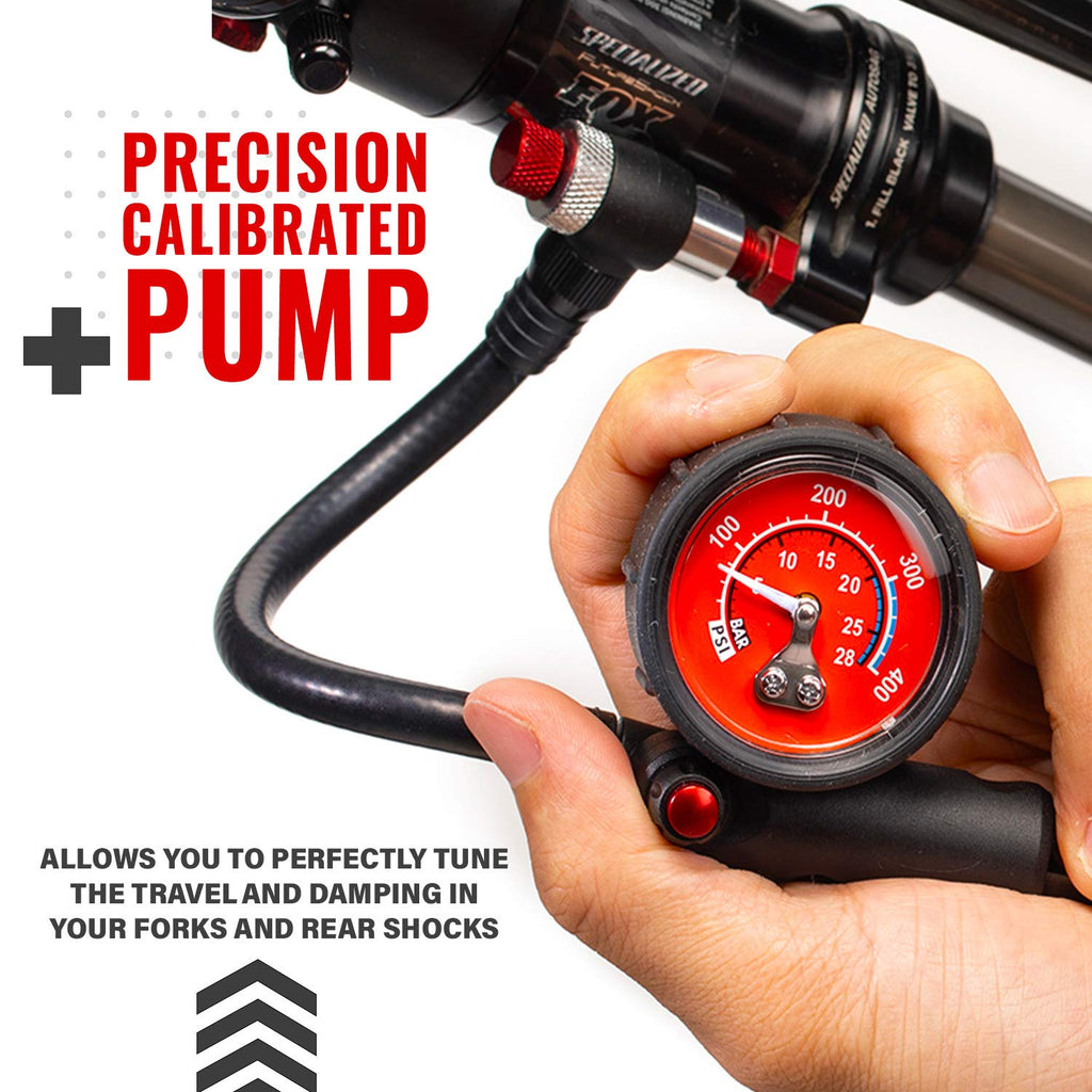 PRO BIKE TOOL Bike Shock Pump - 300 PSI High Pressure Shock Pump for Mountain Bike, MTB & Bicycle Suspension - Air Fork and Rear Shock Pump with No Leak Valve, Industrial Gauge & T-Handle