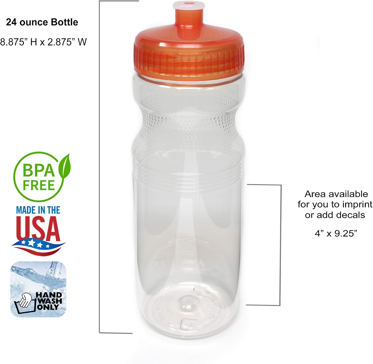 Rolling Sands 24 Ounce BPA-Free Clear with Orange Plastic Water Bottles, Set of 10, Made in USA