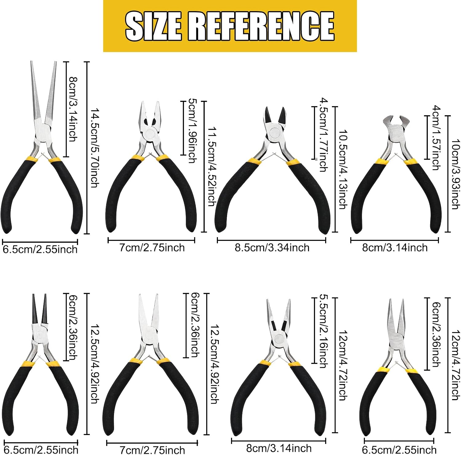 8-Piece 4.5-Inch Mini Pliers Kit - Long Nose, Diagonal, End Cutting, Bent Nose, Combination, Flat Nose, Needle Nose & Round Nose Tools for Jewelry Making