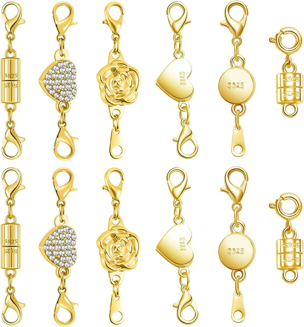 Magnetic Jewelry Clasps Set, Gold and Silver, 12 Pack Rose and Heart Design, Necklace Bracelet Closures with Rhinestone Accents (12pcs Golden)